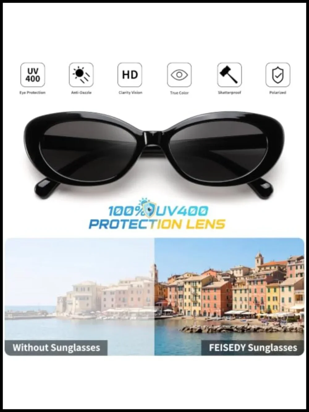 Retro Oval Cat Eye Sunglasses with UV400 Protection Lightweight Plastic